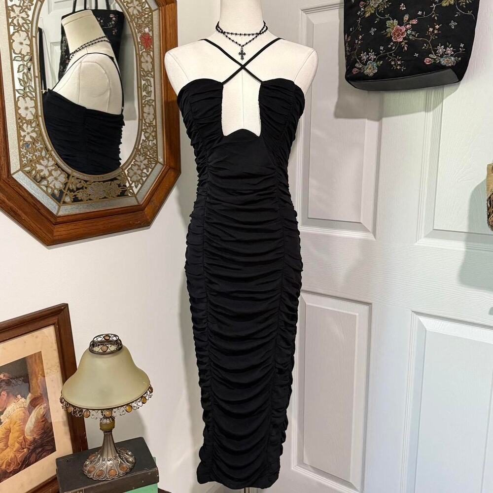 NWT MissPap Black Ruched Cut Out Crossed Plunge Going Out Bodycon Midi Dress 6/S